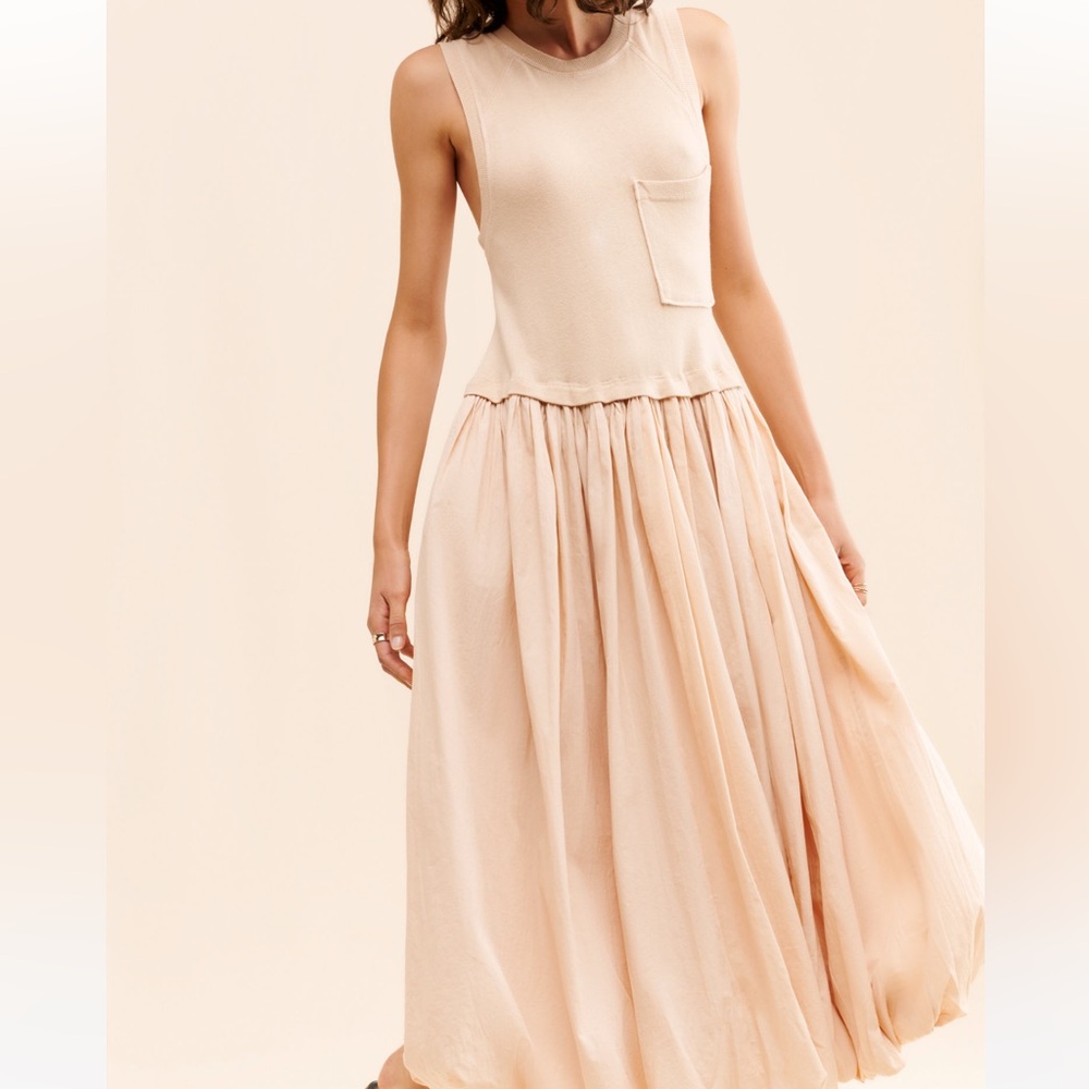 Free People Calla Lily Mixed Media Maxi Dress Pockets Drop Waist Bubble Skirt - Picture 10 of 16